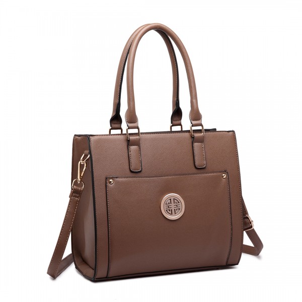 LT1650 - Miss Lulu Textured Leather Look Square Pocket Shoulder Handbag Brown